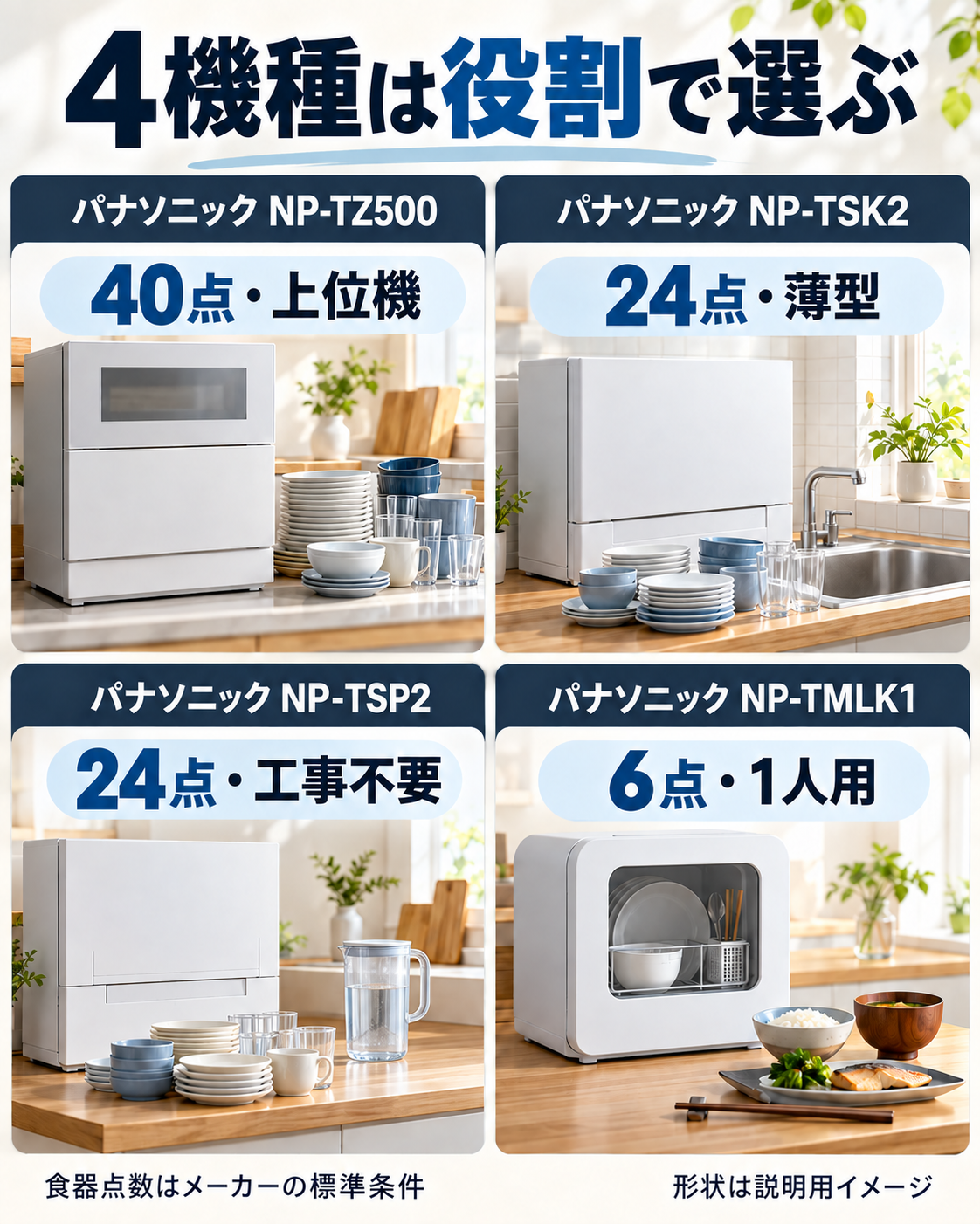パナソニック食洗機NP-TZ500・NP-TSK2・NP-TSP2・NP-TMLK1の役割比較