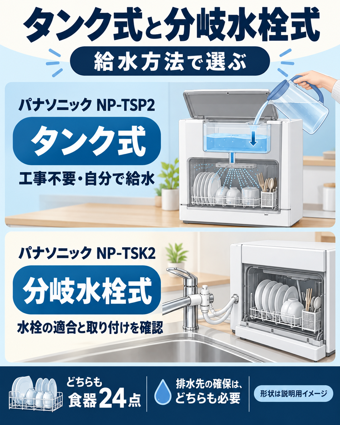 Panasonic NP-TSP2とNP-TSK2の給水方式・奥行・高さ・重さの違い